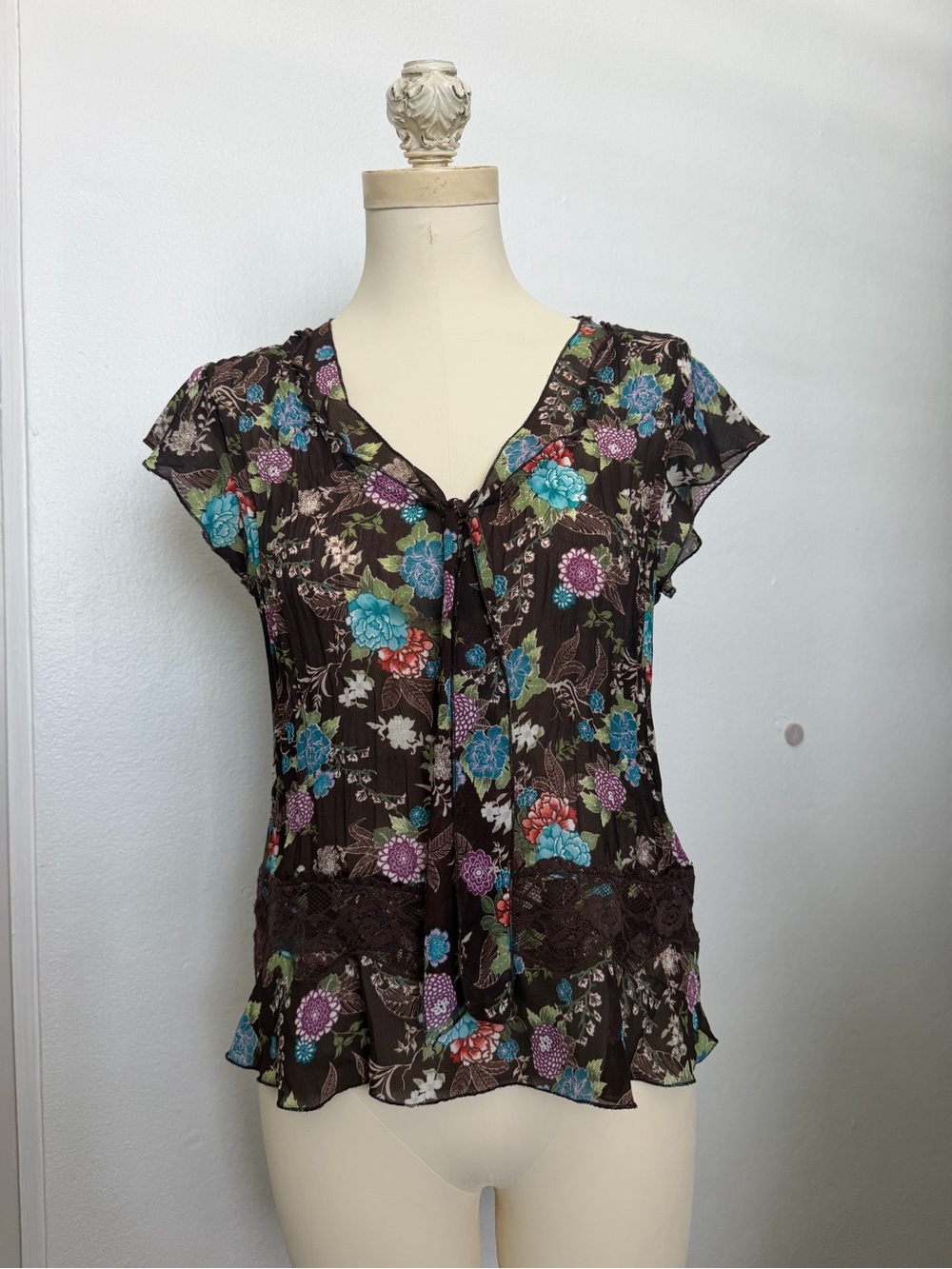 Worthington Vintage Brown Floral Lace Trim Petite Chiffon Blouse